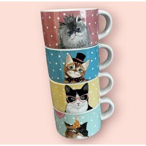 Retired Pier 1 Party Cat Mugs Stacable Stoneware Polkadot Set Of Four Tea Cups